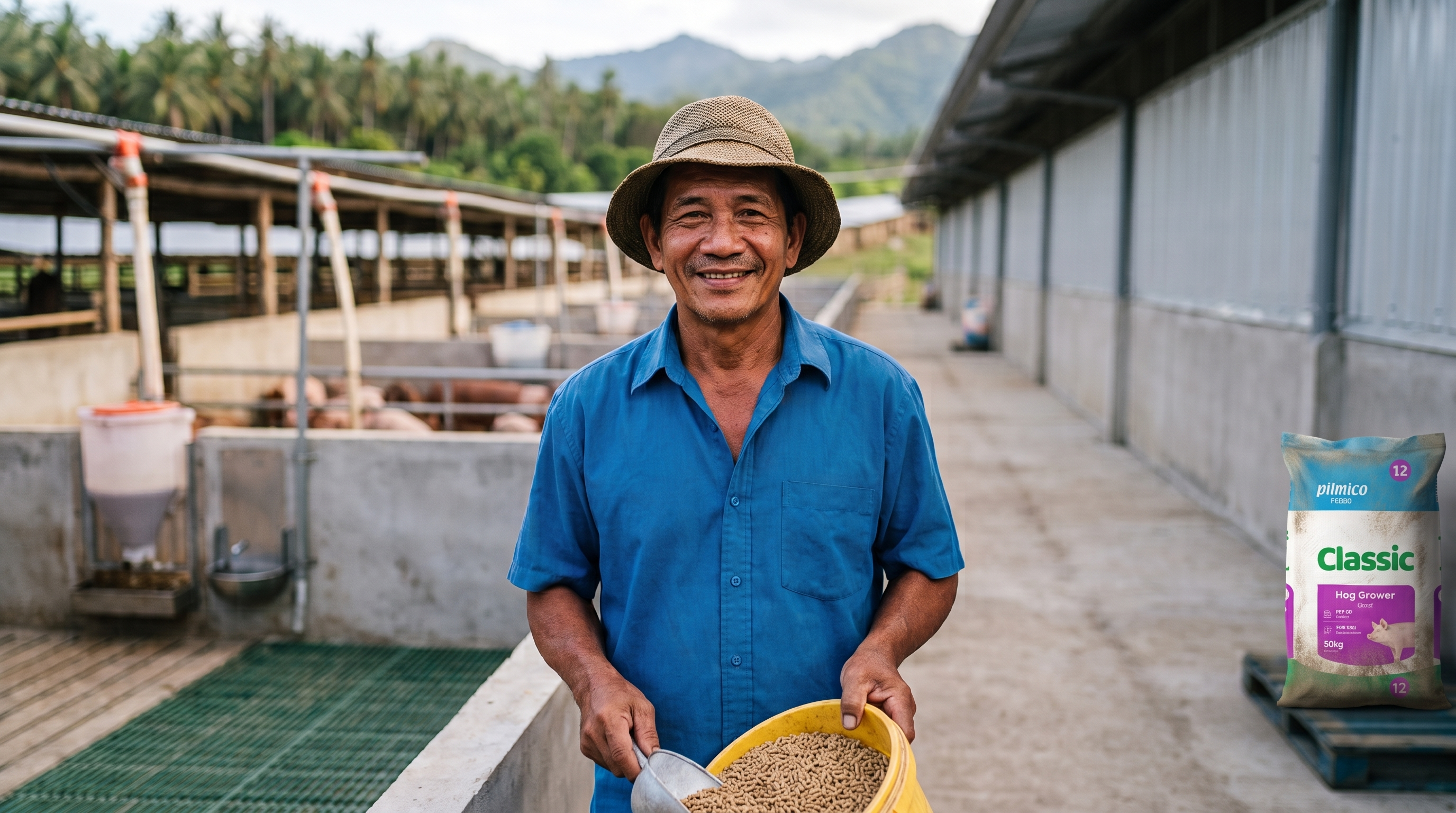 Local farmer holding animal feed at a swine facility with Pilmico Classic feed