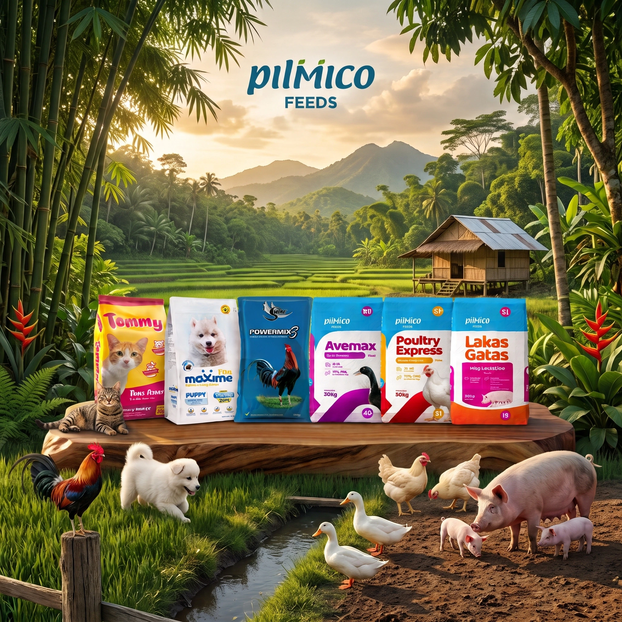 Pilmico feed products in a tropical farm landscape with swine, poultry, ducks, gamefowl, and companion animals