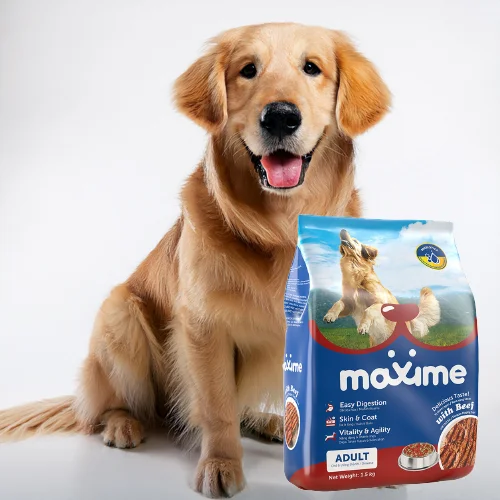 Maxime Adult dog food with a golden retriever